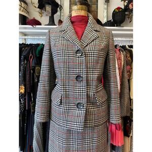 vintage 1960s plaid wool black and white houndstooth suit betty rose s/m skirt